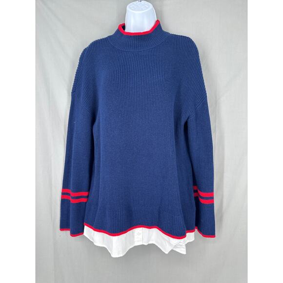 Talbots Sweater Womens Large Navy Blue Stripe Nautical Layer Mock Neck Red - Picture 1 of 7